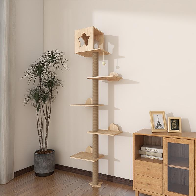 Wall-Mounted Solid Wood Cat Tree: Capsule Shelf, Scratching Post, Climbing Platform & Bed