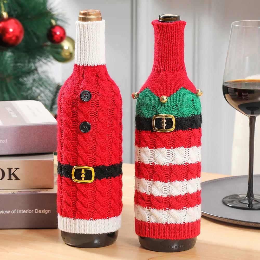 1pcs Christmas Wine Bottle Covers Cartoon Santa Snowman Knitted Red Wine Bottle Bags New Year Party Xmas Dinner Table Decoration