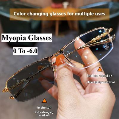 Lunettes Myopes Photochromiques / Anti Lumière Bleue Lunettes d'Affaires Polyvalentes pour Hommes Demi-Monture Lunettes Myopes 0 à -6.0