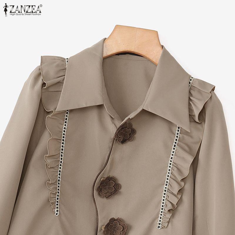 ZANZEA Camicetta Classica da Donna Casual con Collo a Revers, Manica Lunga Larga