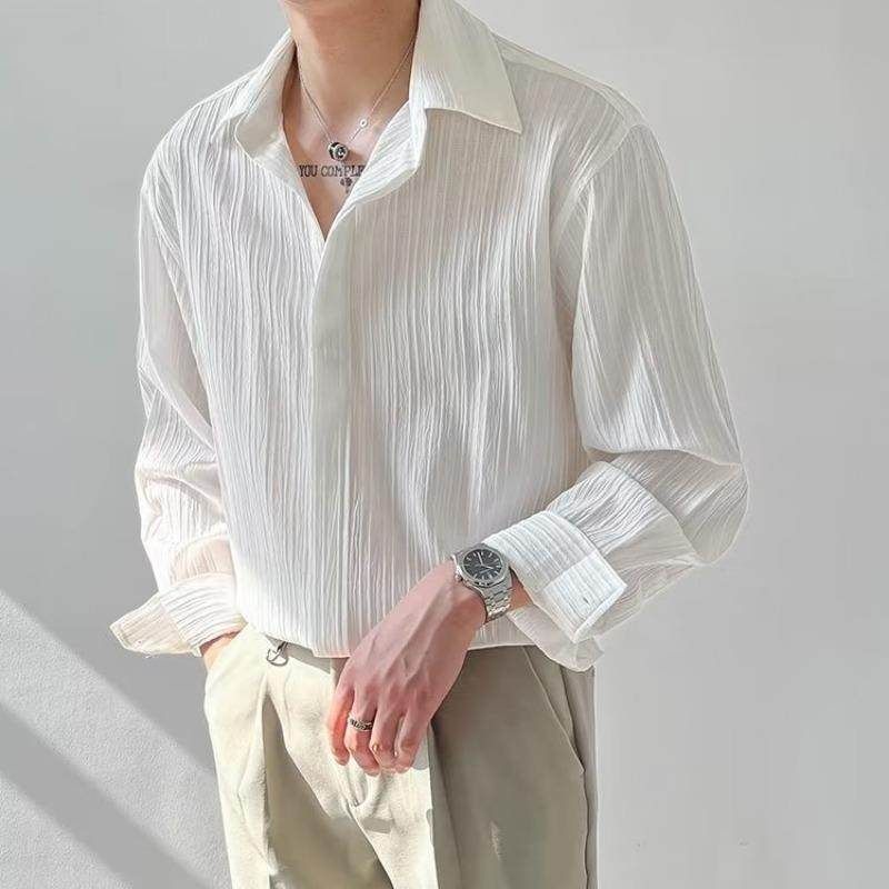 Textured Top, Korean Style Loose Casual Long-Sleeved Shirt, Men's Trendy and Handsome Striped No-Iron Shirt for Autumn