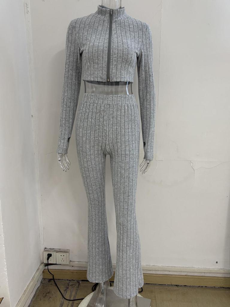Damen einfarbiges geripptes Zweiteiler-Set: Reißverschluss-Cardigan-Top & High-Waist-Schlaghosen-Anzug für Herbst/Winter.