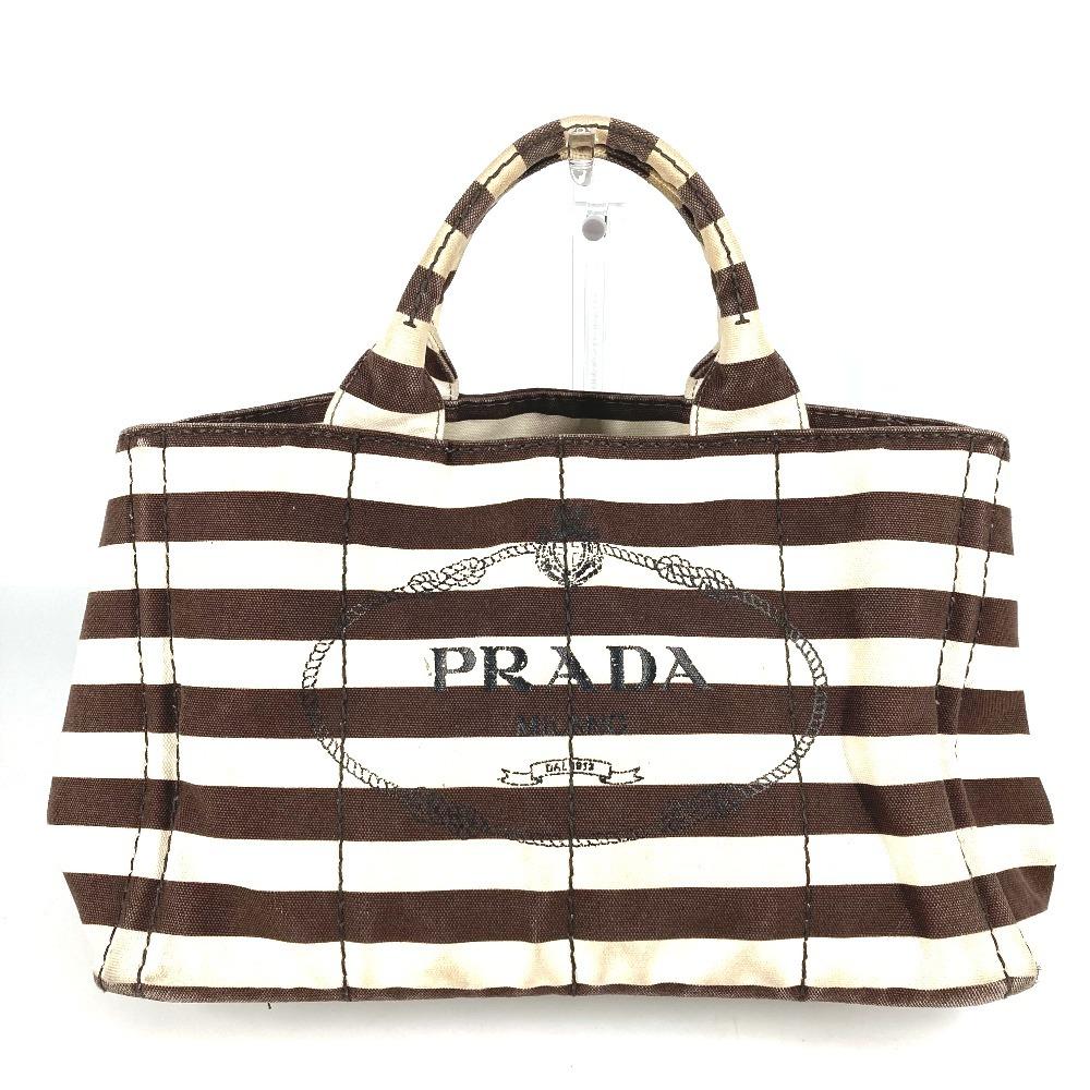 Prada Canapa Logo Border Bag Tote Bag Hand Bag Canvas Brown/White