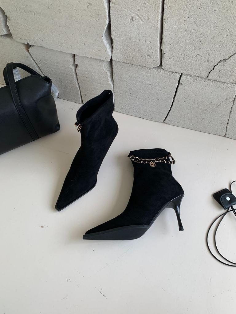 2025 new autumn and winter pointed-toed stiletto short boots women's suede thin boots rear zipper chain boots short boots