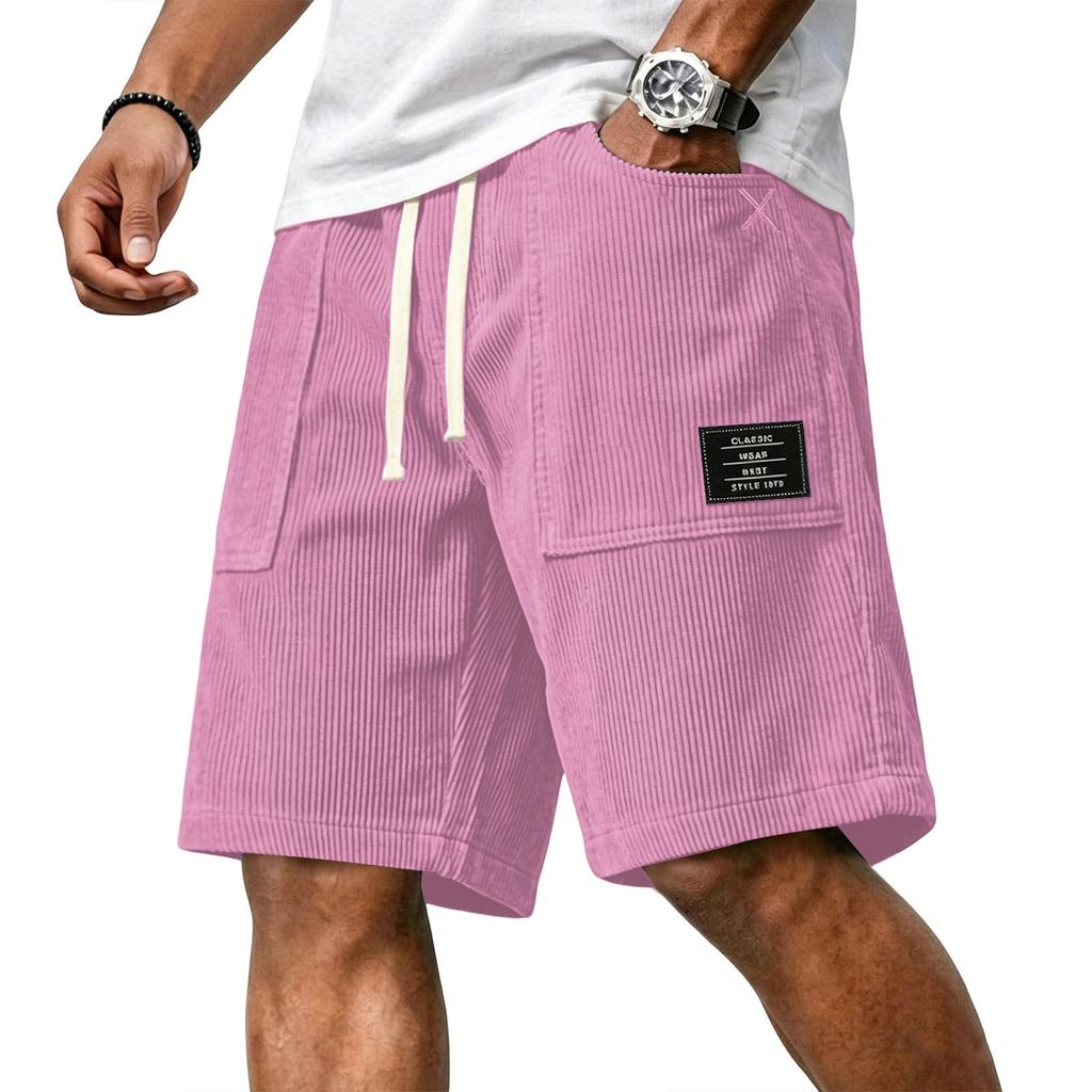 Men's Casual Corduroy Drawstring Shorts with Front Patch Pockets and Elastic Waistband Suitable for Everyday Wear and Outdoor Activities