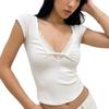 European and American Urban Minimalist Style Lace Patchwork V-Neck Twist Design T-Shirt, Sexy Slim-Fit Elegant Knitted Short Top