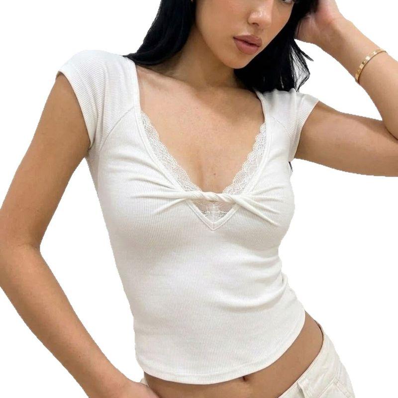 European and American Urban Minimalist Style Lace Patchwork V-Neck Twist Design T-Shirt, Sexy Slim-Fit Elegant Knitted Short Top