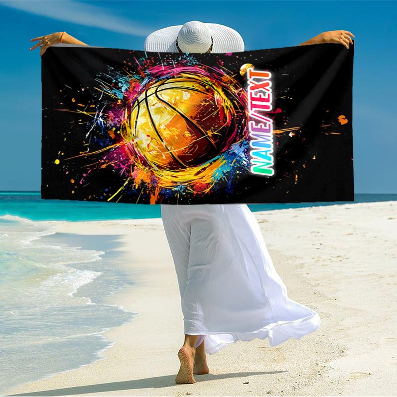 1PC Custom Name Colorful Basketball Artwork Beach Towel Highly Absorbent And Sand-Resistant Towel for Swimming, Pool, Yoga, And Travel Lightweight