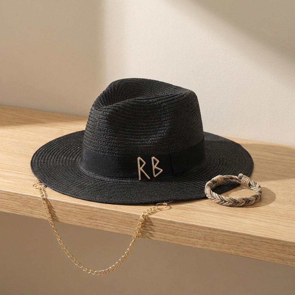 Womens Boho Straw Hat Fedora Wide Brim Beach Cap With Rb Monogram Chain Strap Summer Outdoor Hat Festival Travel Sombrero Paper