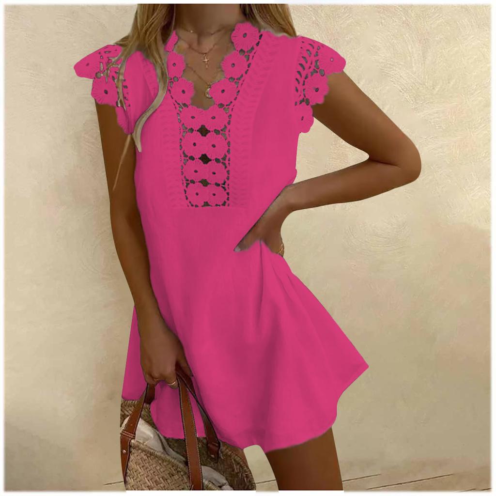 Wish Ladies Solid Color Washed Wrinkled Lace Summer Cool Dress