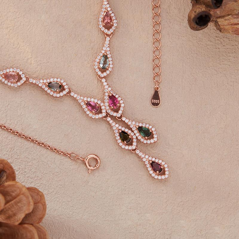 Natural Tourmaline Color Treasure Jewelry Set Chain Necklace Women'S S925 Silver Rose Gold Xiaohongshu Wechat Channels