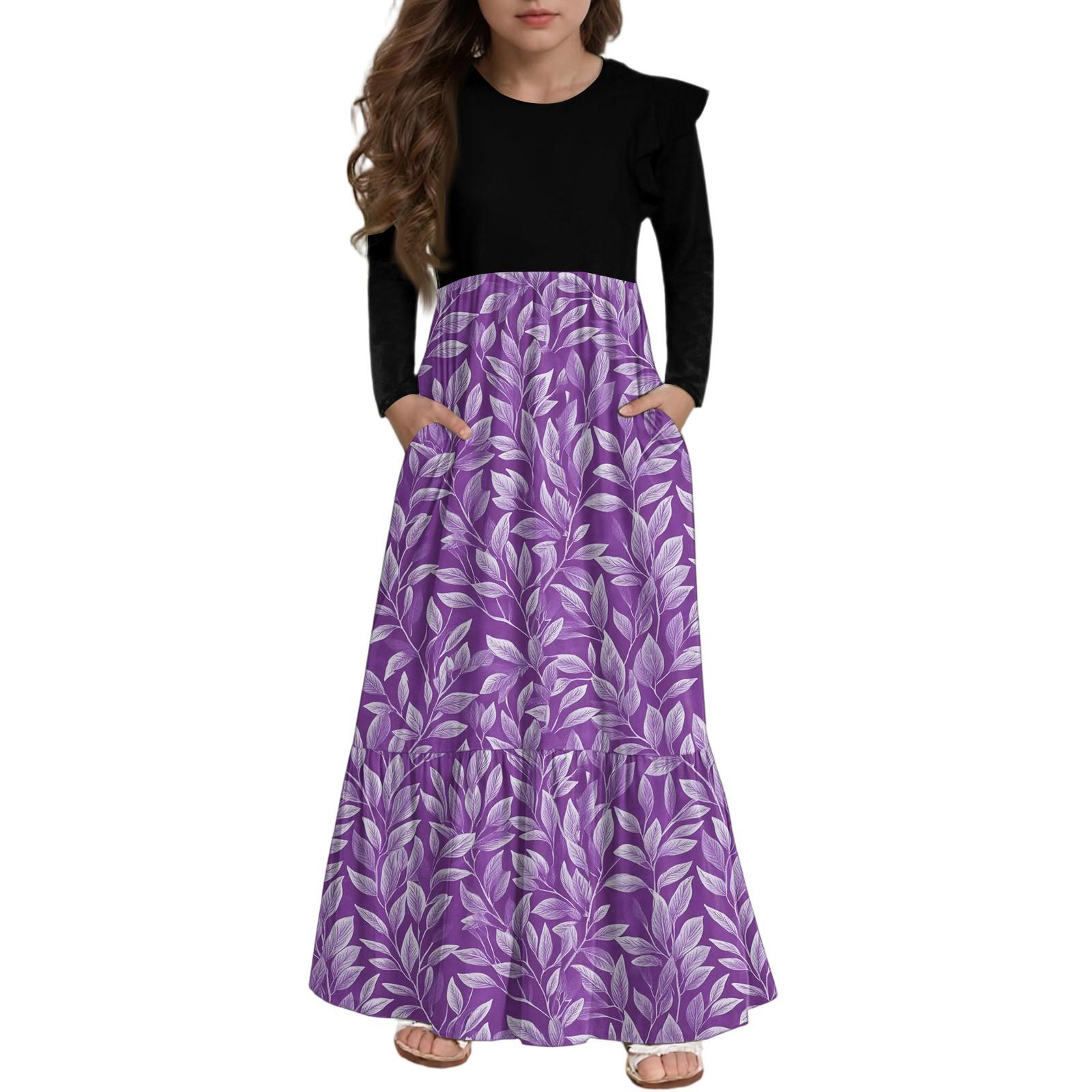 

Girls Tiered Ruffle Dress - Long Sleeve Printed Maxi With Pockets 150 фіолетовий