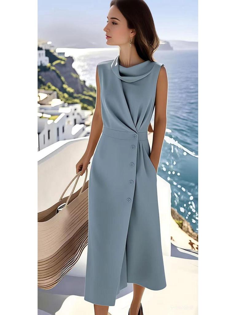European & American Elegant Sleeveless Pleated Button Dress - Solid Color, Irregular Hem.