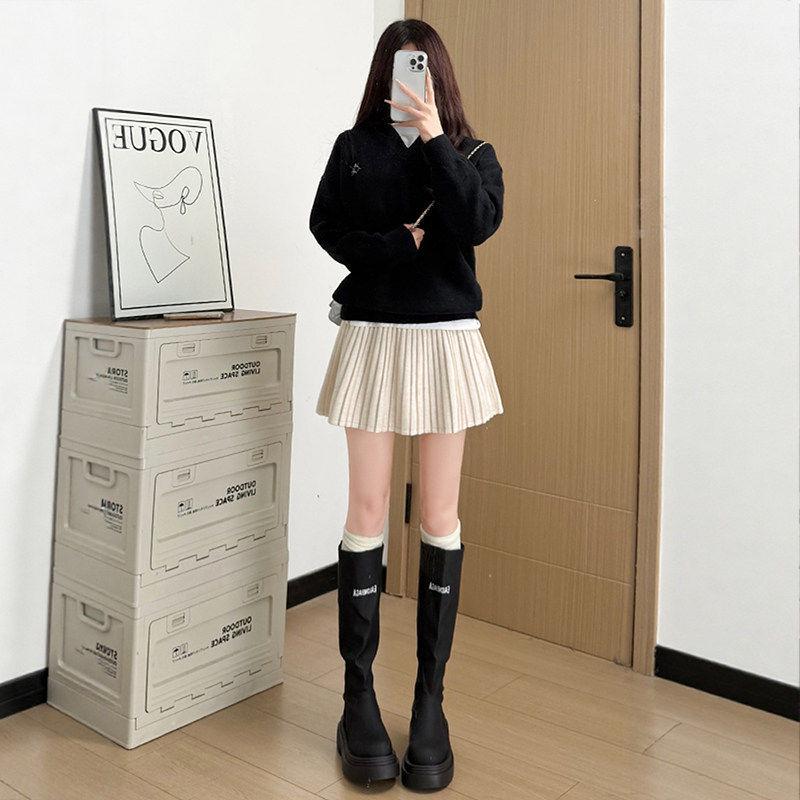 2026 Autumn Korean-Style High-Waisted Pleated A-Line Skirt for Women M