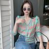 Spring Autumn Women V-neck Casual Beading Plaid Single Breasted Knitted Sweater Cardigan Top