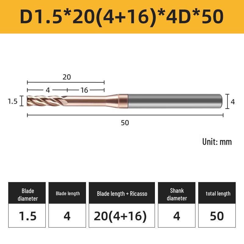 55° 4-Flute Carbide Coated Steel Flat-Bottom Deep-Groove CNC Milling Cutter with Blade Length and Clearance Combo
