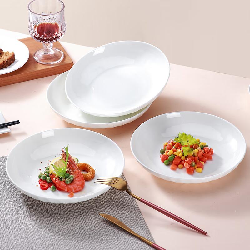 Sky Top Ceramic Deep Dish Plate, Pure White Embossed Bone China Dinnerware Set, 8-Inch Rice Plate, 4-Piece Crystal Series
