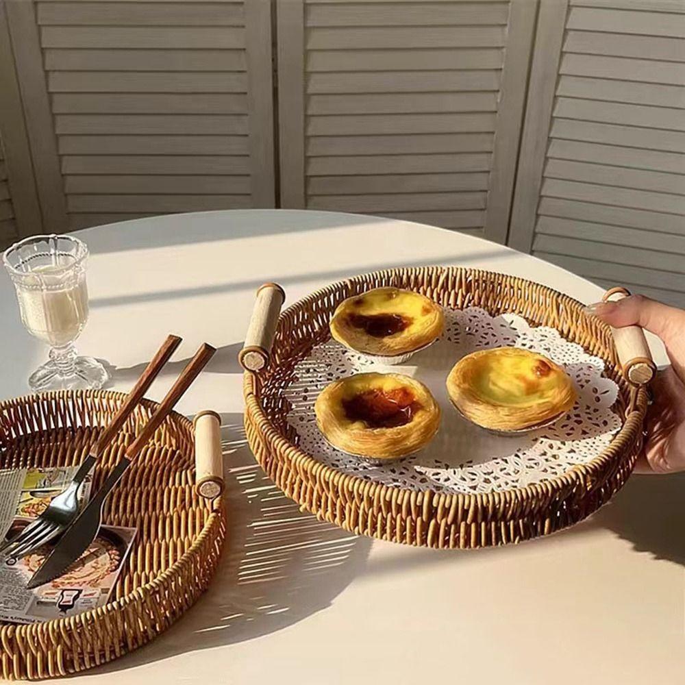 Handmade Round Rattan Storage Tray Plastic Bread Fruit Storage Tray Wicker Storage Baskets  Office