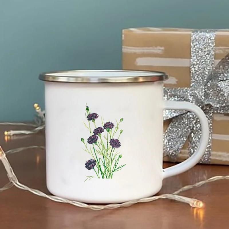 No Rain No Flower Print Enamel Mugs Creative Vintage Coffee Wine Cup Drinks Dessert Milk Cup Camping Mugs Handle Drinkware Gifts