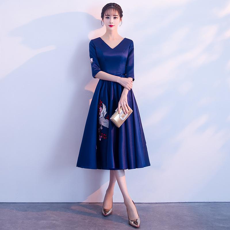 Evening dress new dignified atmosphere medium sleeve long thin annual meeting party party dress XS