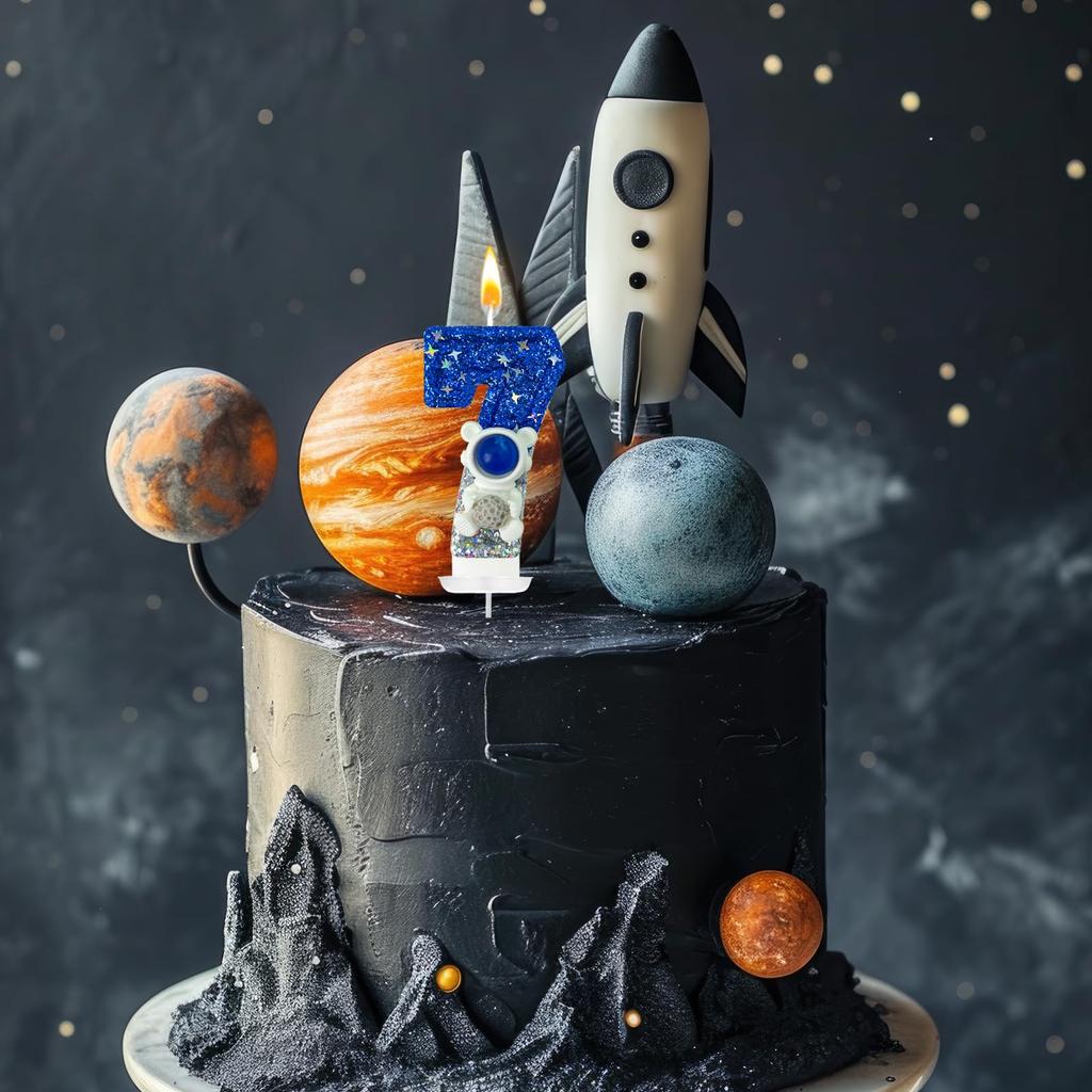 Spaceship Astronaut 0-9 Universe Sparkler Candle for Birthday Cake Boy, Topper for Party Decorations Anniversary Celebrations