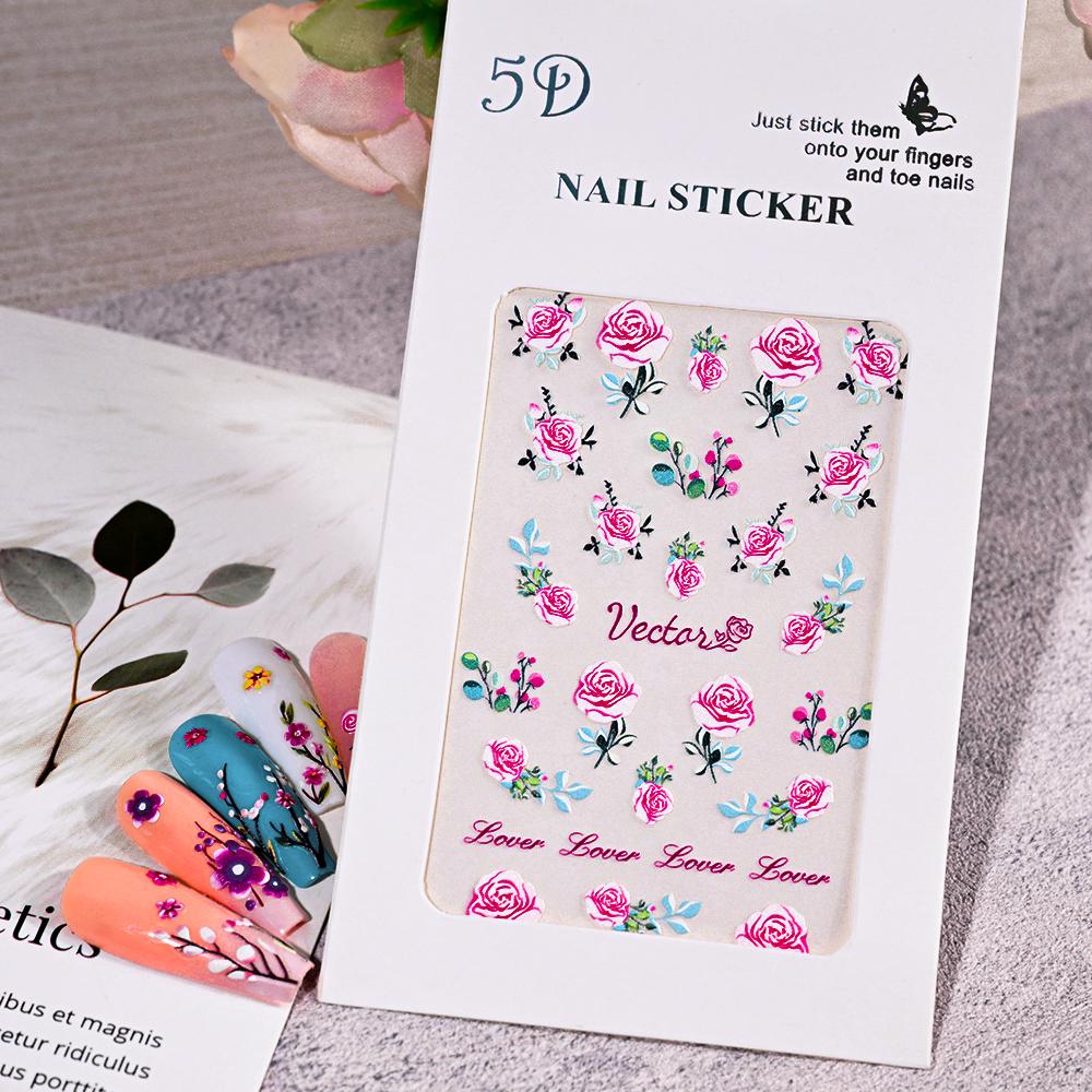 1sheet 5D Embossed Butterfly Nail Art Stickers Purple Butterflies/Floral Nail Art Decals Self-Adhesive Rose Flower Manicure Diy