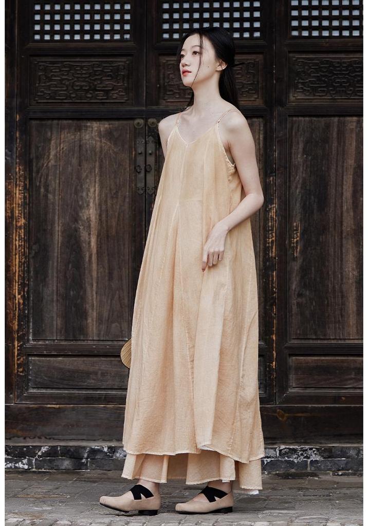 2025 Summer Dark Silent Willow Patchwork Camisole Dress with Large Hem