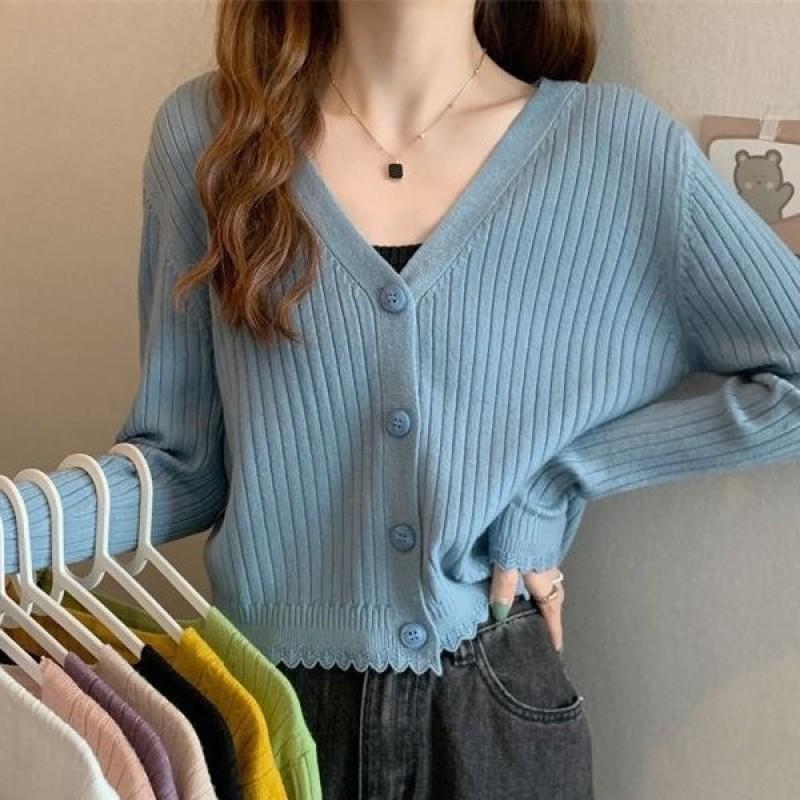 Womens V-Neck Ribbed Knit Cardigan Long Sleeve Slim Fit Outerwear Top Casual Korean Style