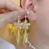 Novos brincos de flor da tendência coreana, brincos longos com borla, linha de orelha, corrente de cristal, brincos pendentes para mulheres, meninas, joias diárias, presentes para festas