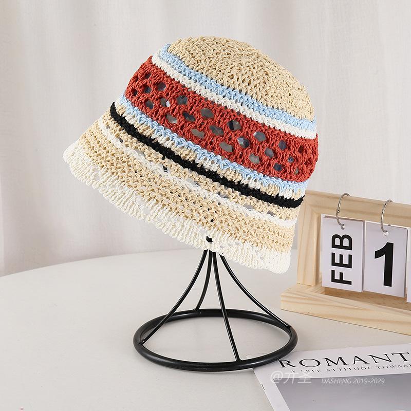 Summer Hollow Bucket Hat Colorful Stripe Sun Hat  Japanese Colorblock Bohimian Fisherman Hat Travel Beach Panama Cap Mom Gift