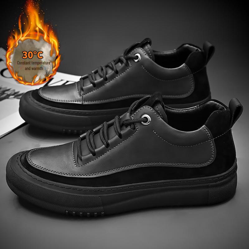 Men's Winter Fashion Low-Top Leather Martin Shoes - Casual, Lace-Up, Plus Velvet Warm.