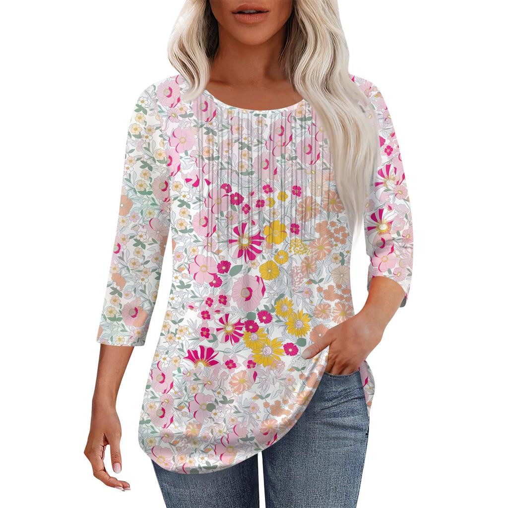 Women's Fashionable Casual Pleated Round Neck Casual Floral Print Seven Quarter Sleeved T-shirt Top