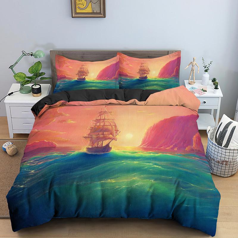 Nautisk Segelbåt Påslakan Queen King Size 3D Oljemålning Båtstil Sängkläder Set Ocean Mjuk 2/3 Delar Polyester Täcke Överdrag