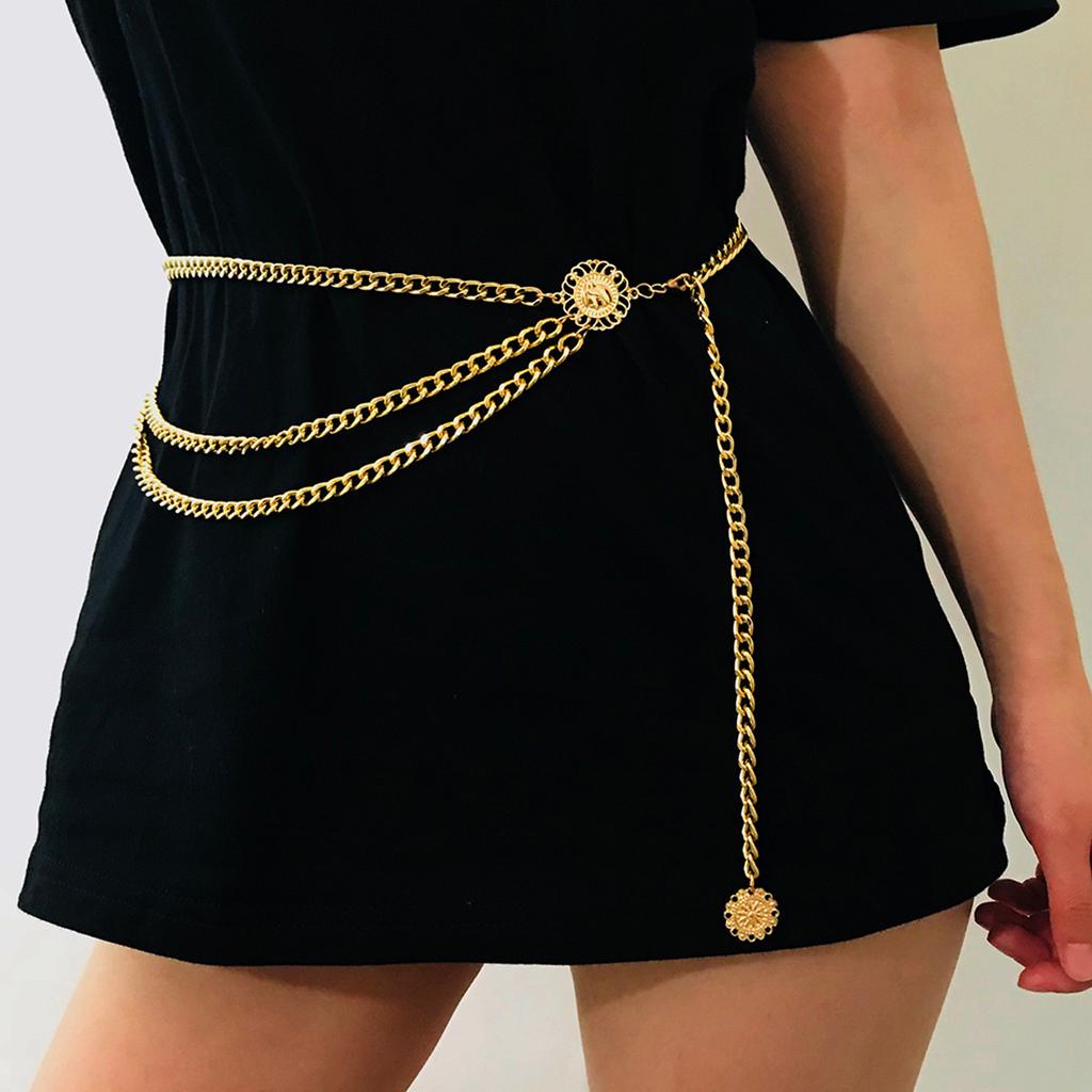 Round Brand Alloy Multi-Layer Exaggerated Body Chain Women Queen Head Retro Street Snap Beam Waist Chain