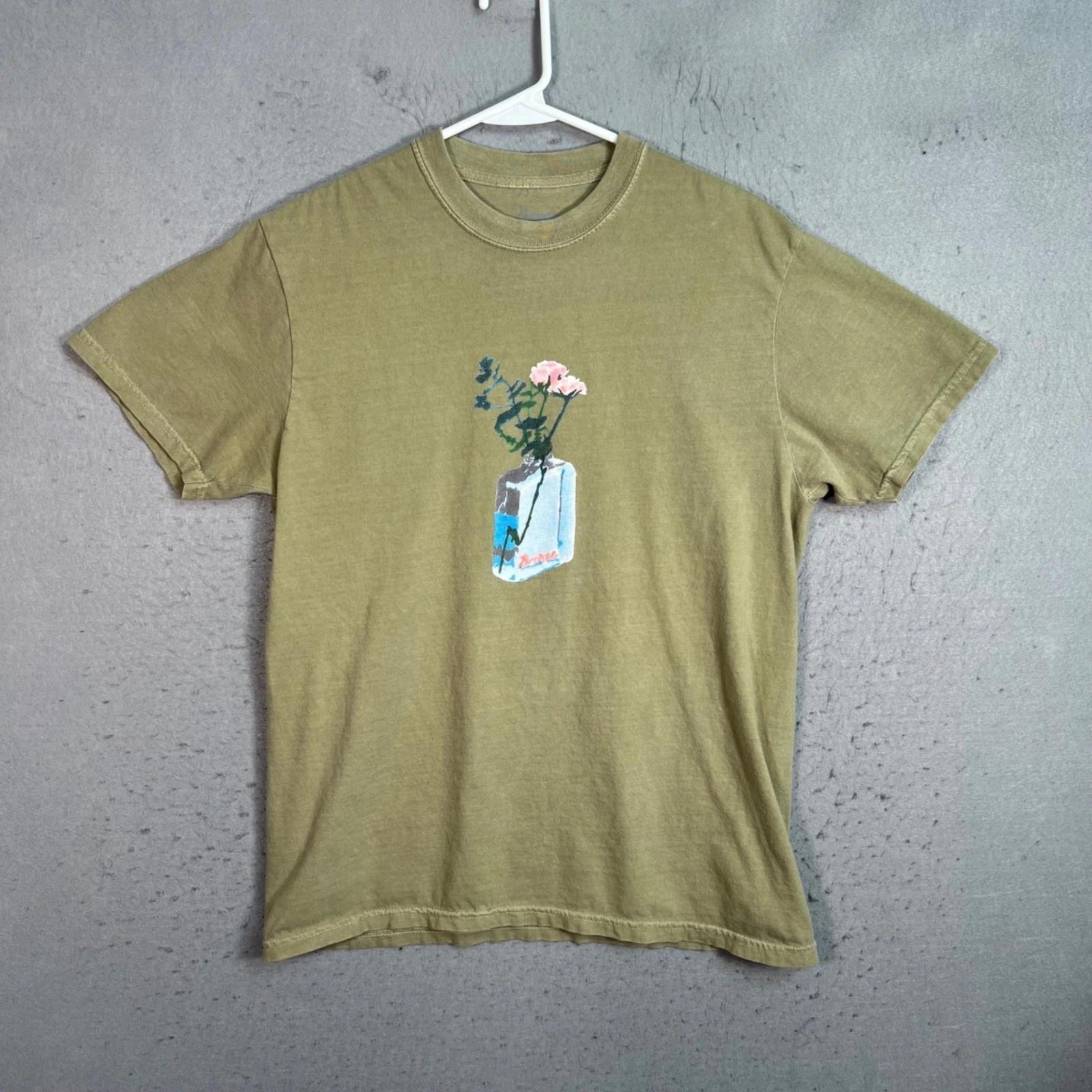 Bronze Mens Size Medium Olive Green Graphic T Shirt w Flower Vase Print S
