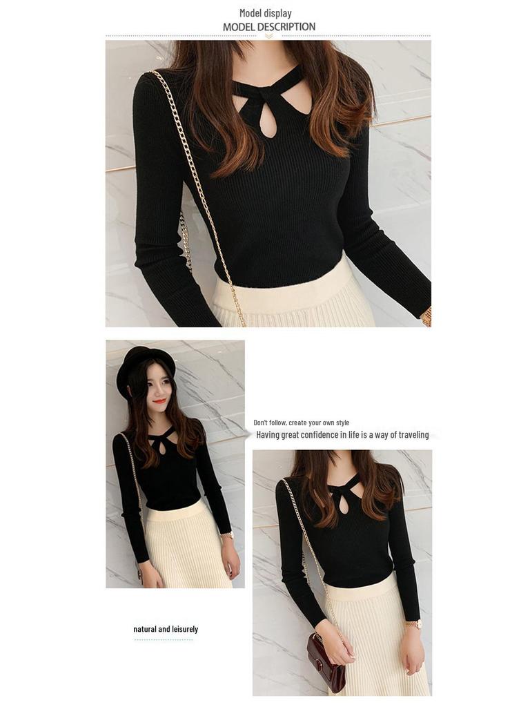 Autumn Cutout Halter Neck Knitted Pullover - Women's Slimming Long Sleeve Sweater