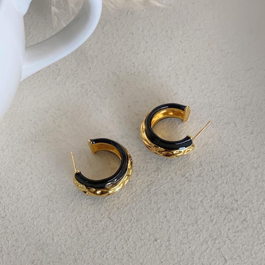 Black Gold Enamel Oil Drop C-Shaped Color Matching Earrings Light Luxury High Sense Fashion Rhombus Earrings Commuter Women