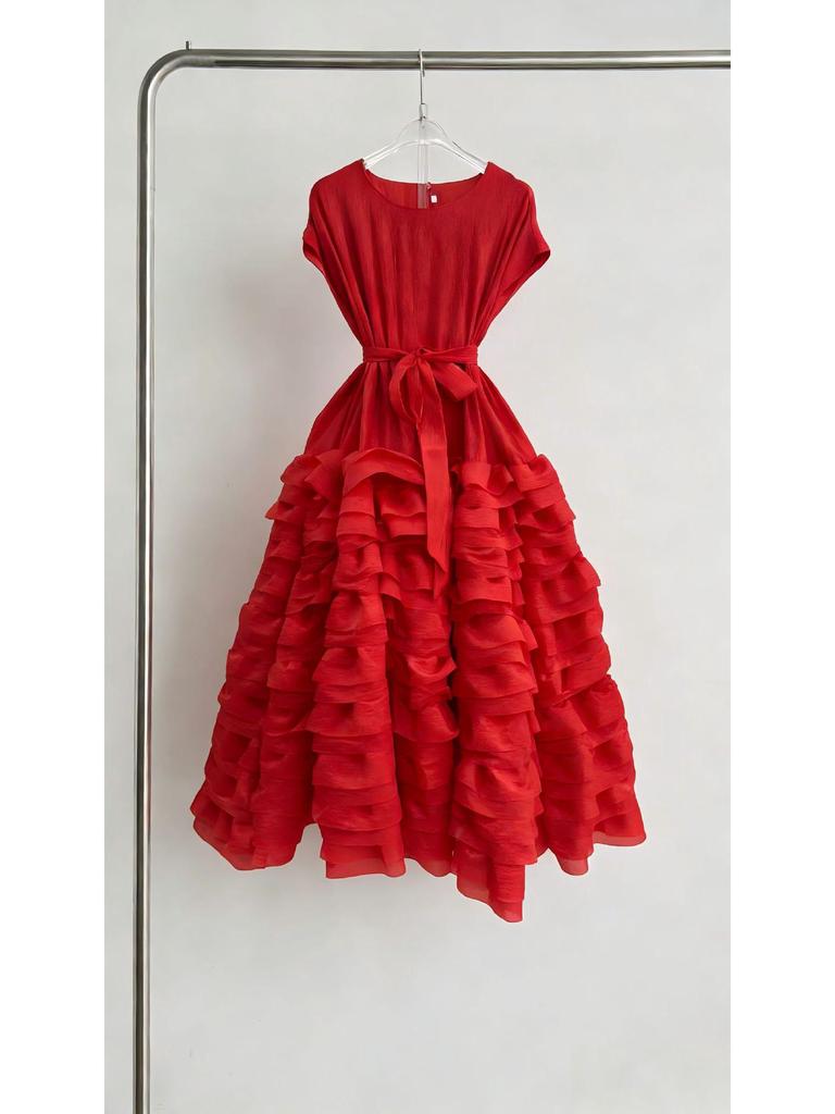 Elegant French Ruffle Waist-Cinching Patchwork Pleated Cake Skirt with Lace-Up Detail