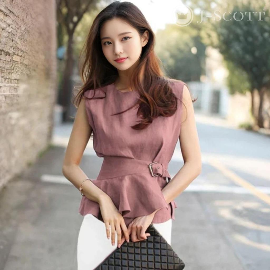 Sleeveless Peplum Round Waist Ruffled Solid Pink [J-Scott] Women's Blouse, Neck, Belt, Hem, JS151-PK-M