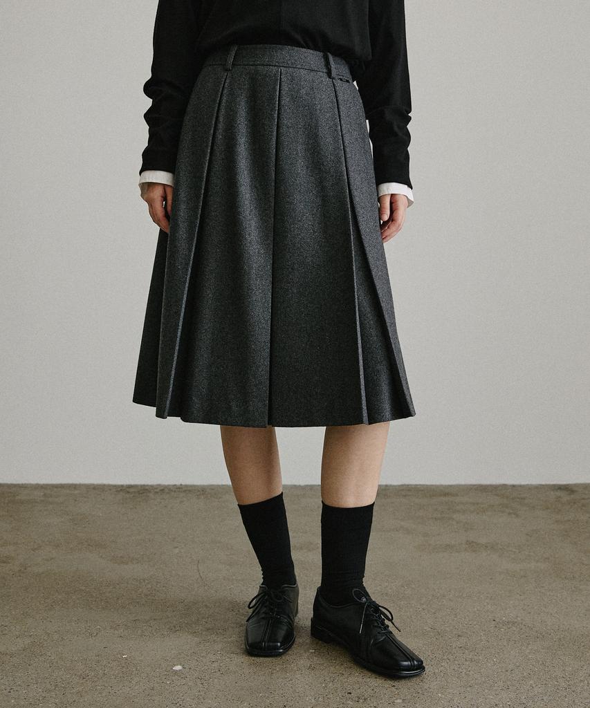 Artid Wool Reverse Pleated Midi Skirt_Grey