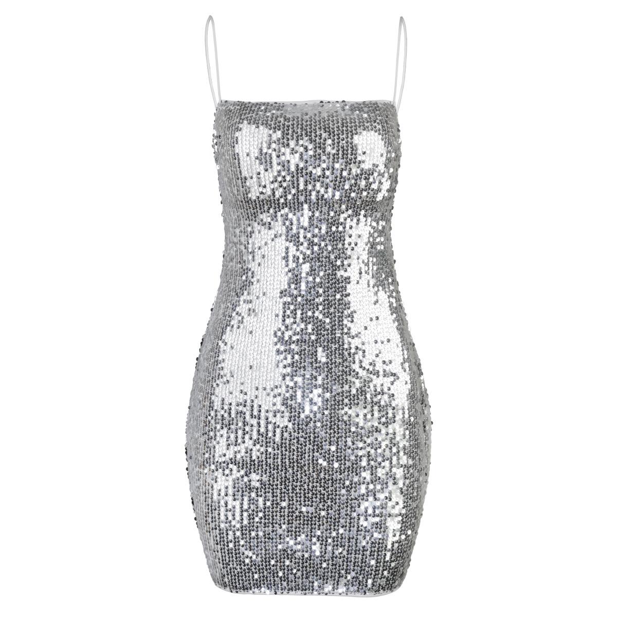 

Европейско-американское облегающее платье с открытыми плечами и пайетками на бретелях-спагетти – Сексуальный клубный стиль Extra Small