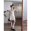 Korean Style Solid Color U-Neck Knit Short Sleeve A-Line Dress With Pleats Slim Fit Womens Mini