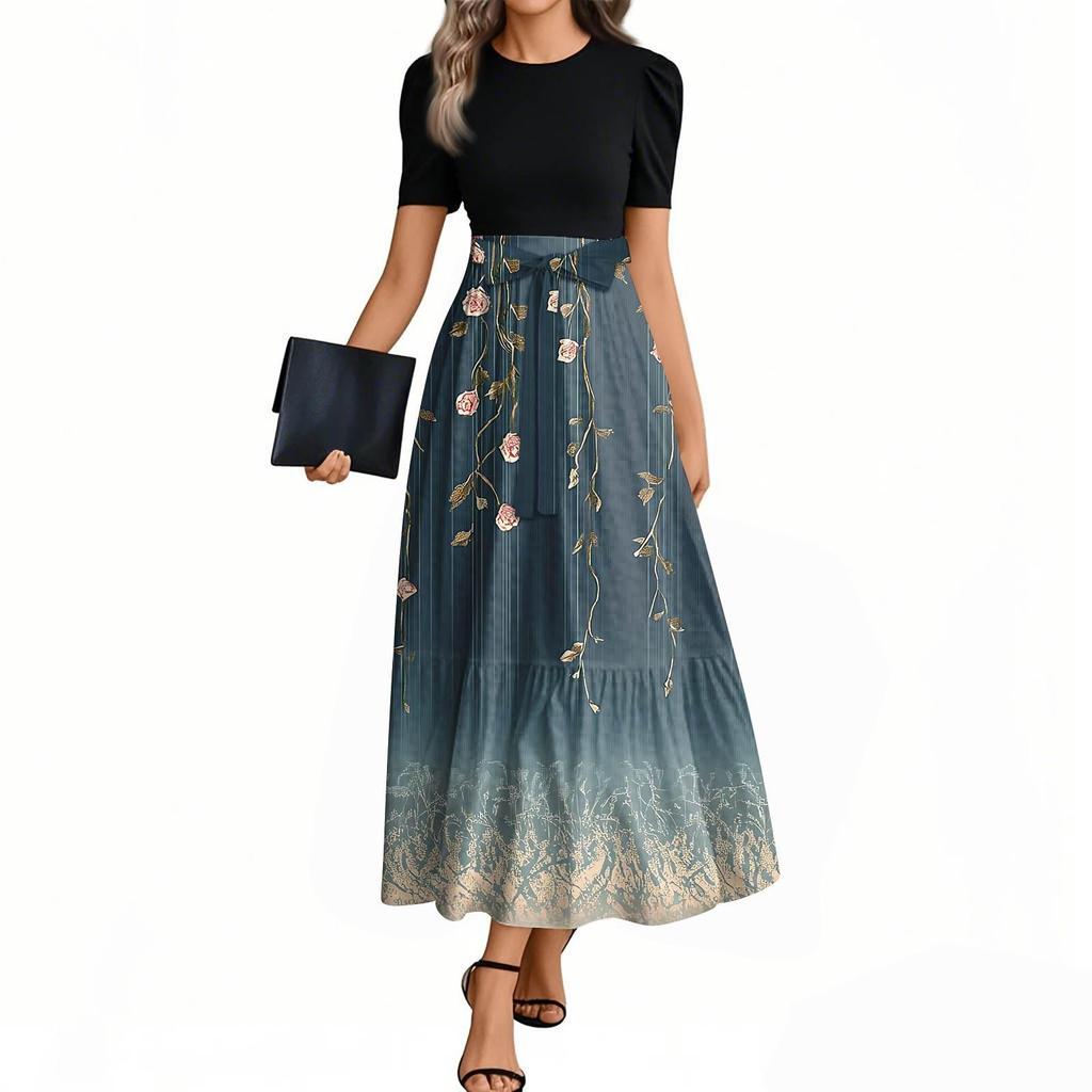 Women's Floral Print High Waist Fashionable And Elegant Dress