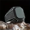 Retro Handmade Turkish Signet Ring Vintage Men Ancient Silver Color Pattern Ring Inlay Black Zircon Party Punk Motor Biker Ring
