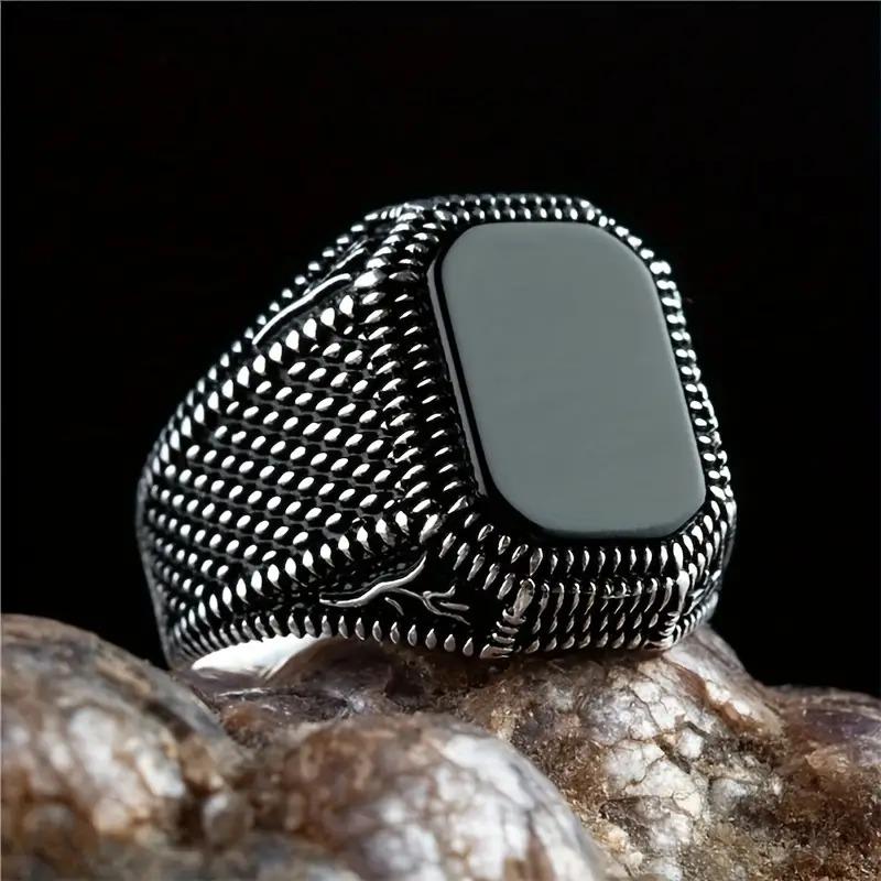 Retro Handmade Turkish Signet Ring Vintage Men Ancient Silver Color Pattern Ring Inlay Black Zircon Party Punk Motor Biker Ring