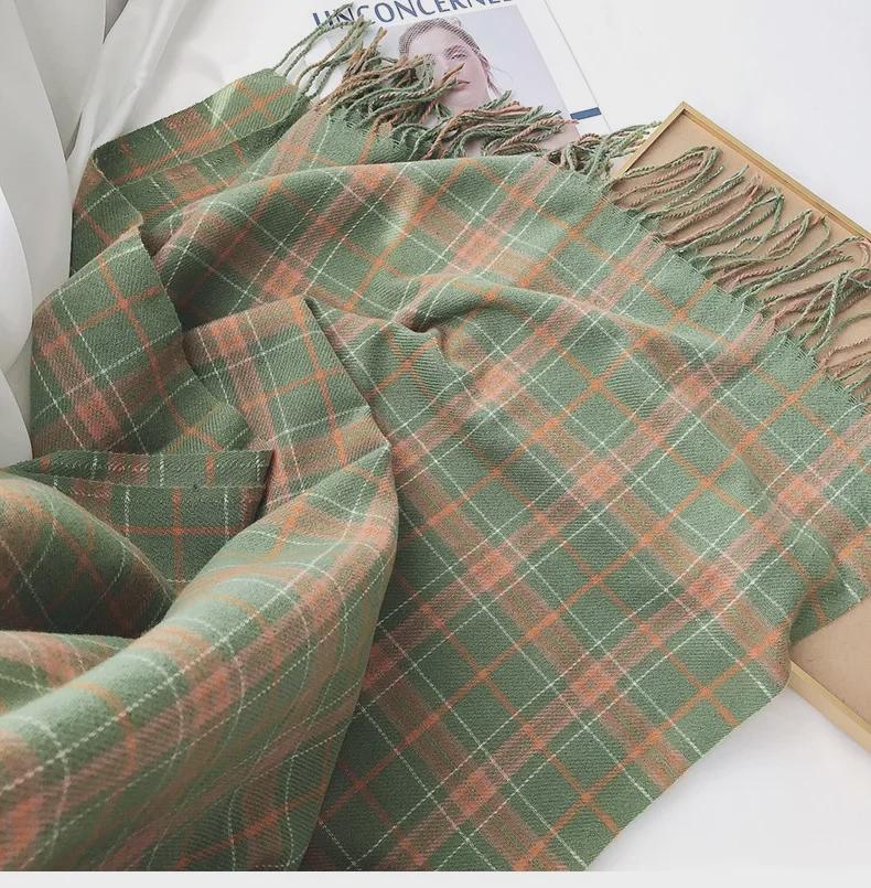 Fular Plaid din Cașmir Imitat pentru Femei - Stil Coreean/Japonez, Șal Cald cu Ciucuri în Culori Contrastante pentru Toamnă/Iarnă.