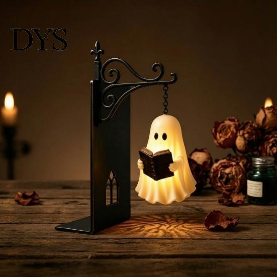 Luminous Pendant Desk Lamp Gothic Metal Bookends with Hanging Light, Cat Raven Ghost Decorative Retro Wrought Iron Book Ends Bookshelf Lamp,