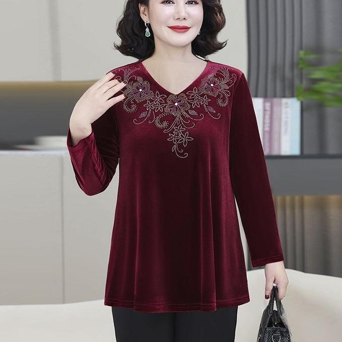Spring Autumn Women's Plus Size Velvet Blouse Loose Embroidered Long Sleeve Pullover Blouse