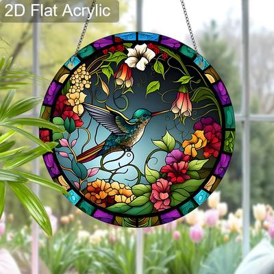 Acrylic Hummingbird with Colorful Flowers Suncatcher, Stained Glass Style Window Hanging Ornament for Nature and Garden Lovers