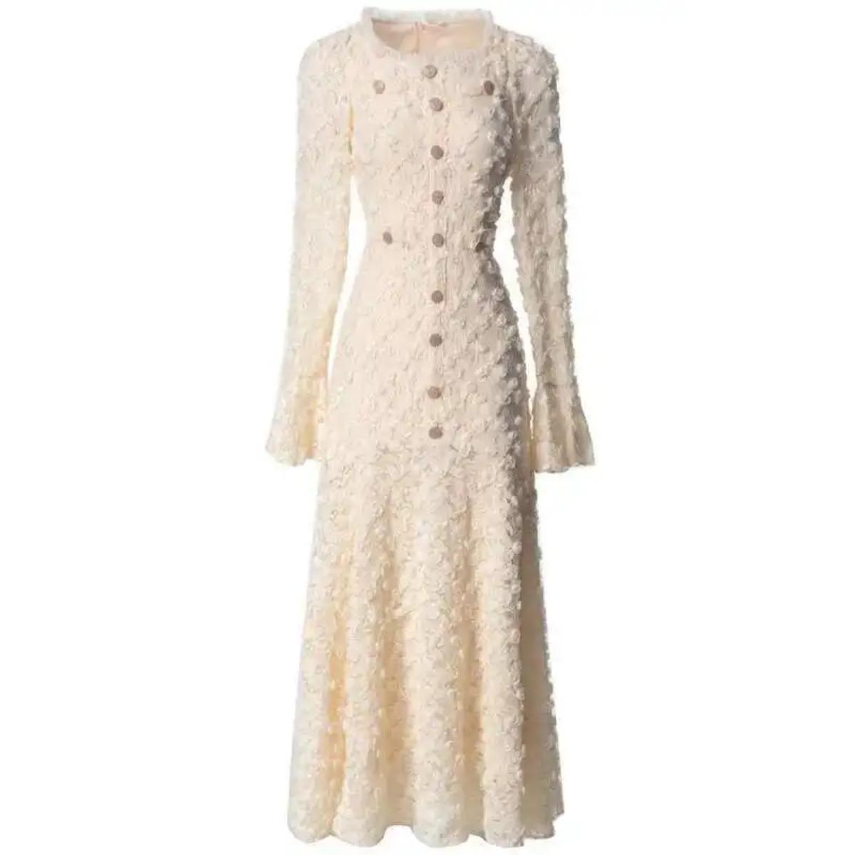 

Модные женские элегантные платья Трехмерный цветочный квадратный вырез Длинный рукав Платье в стиле принцессы Новое XXXL бежевый